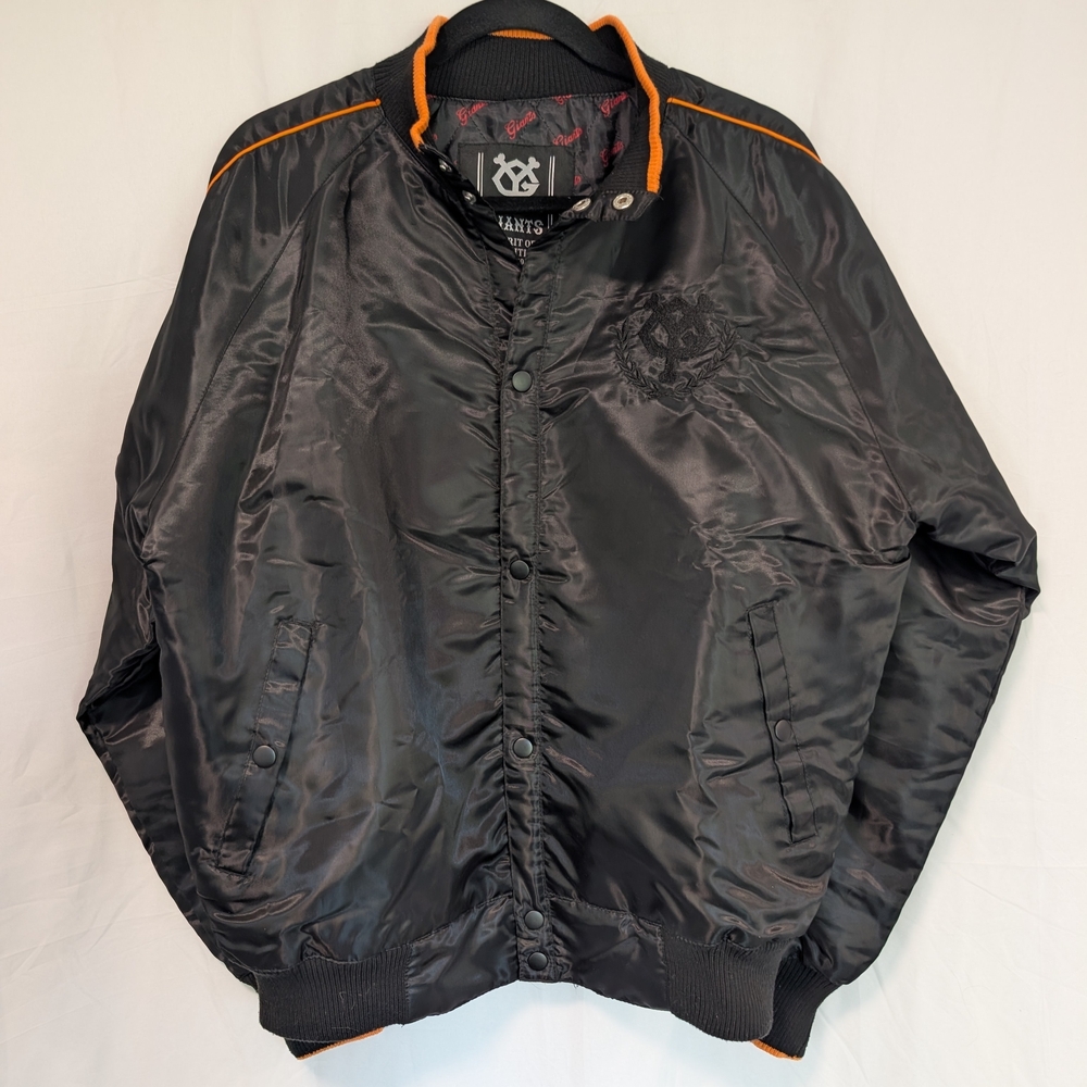 Varts Black Satin Bomber Jacket with Orange Accents